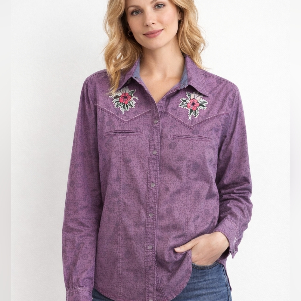 The North Face Purple Embroidered Vintage 70s Cowgirl Button Down Shirt Sz Large